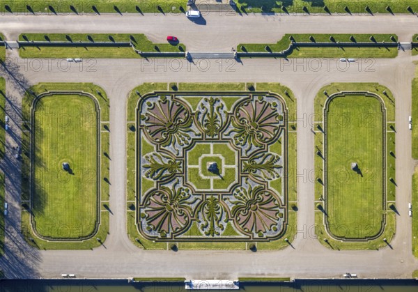 Aerial view, Nordkirchen Castle, baroque castle complex, moated castle and castle garden shapes and colours, vertical shot, Nordkirchen, Münsterland, North Rhine-Westphalia, Germany, baroque residence, construction work, construction area, building site, building plots, construction project, construction site, DE, monument protection, Europe, aerial view, aerial photography, aerial photography, castle, overview, Venus Island, Versailles style, bird's-eye view, moated castle, moated castle, birds-eyes view, overview