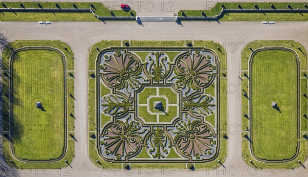 Aerial view, Nordkirchen Castle, baroque castle complex, moated castle and castle garden shapes and colours, vertical shot, Nordkirchen, Münsterland, North Rhine-Westphalia, Germany, baroque residence, construction work, construction area, building site, building plots, construction project, construction site, DE, monument protection, Europe, aerial view, aerial photography, aerial photography, castle, overview, Venus Island, Versailles style, bird's-eye view, moated castle, moated castle, birds-eyes view, overview