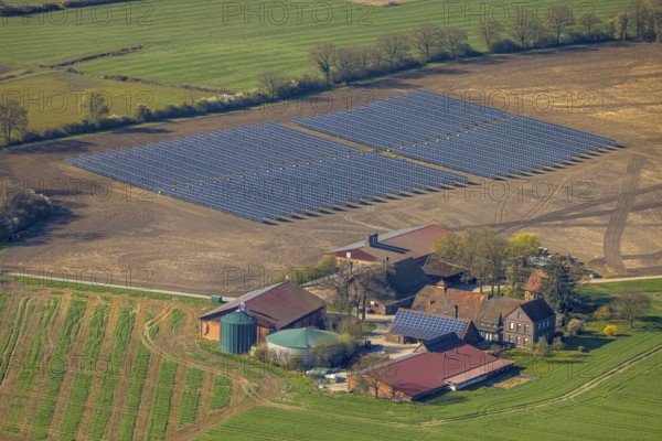 Aerial photo, solar park, open space photovoltaic plant in the Berger farming community, Baustoffkontor Nord GmbH solar technology provider, Nordkirchen, Münsterland, North Rhine-Westphalia, Germany, DE, Europe, photovoltaics, aerial photo, aerial photography, aerial photography, photovoltaic plant, solar, solar plant, solar energy, solar panel, solar power plant, overview, bird's eye view, birds-eyes view, overview