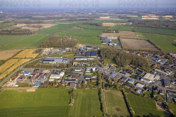 Aerial view, commercial area Aspastraße, Nordkirchen, Münsterland, North Rhine-Westphalia, Germany, DE, Europe, commercial enterprises, commercial area, commercial property, commercial site, commercial use, industrial area, industrial site, aerial photograph, aerial photography, aerial photography, overview, bird's-eye view, bird's-eye view, overview