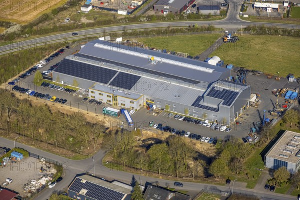 Aerial photograph, Geotec Bohrtechnik GmbH in the Aspastraße industrial estate, Nordkirchen, Münsterland, North Rhine-Westphalia, Germany, DE, Europe, commercial enterprises, commercial area, commercial estate, commercial site, commercial use, industrial area, industrial site, aerial photograph, aerial photography, aerial photography, overview, bird's-eye view, overview