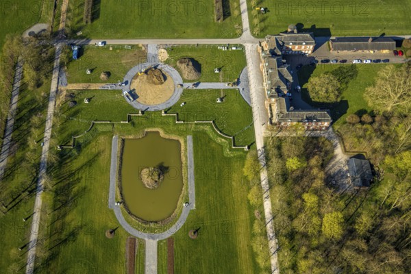 Aerial view, Nordkirchen Castle, baroque castle complex, moated castle, construction site, Nordkirchen, Münsterland, North Rhine-Westphalia, Germany, baroque residence, construction work, construction area, building site, building plots, construction project, DE, monument protection, Europe, aerial view, aerial photography, aerial photography, castle, overview, Venus Island, Versailles style, bird's eye view, moated castle, bird's eye view, overview