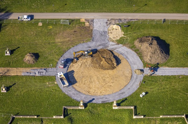 Aerial view, Nordkirchen Castle, baroque castle complex, moated castle, construction site, Nordkirchen, Münsterland, North Rhine-Westphalia, Germany, baroque residence, construction work, construction area, building site, building plots, construction project, DE, monument protection, Europe, aerial view, aerial photography, aerial photography, castle, overview, Venus Island, Versailles style, bird's eye view, moated castle, bird's eye view, overview
