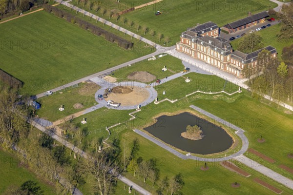Aerial view, Nordkirchen Castle, baroque castle complex, moated castle, construction site, Nordkirchen, Münsterland, North Rhine-Westphalia, Germany, baroque residence, construction work, construction area, building site, building plots, construction project, DE, monument protection, Europe, aerial view, aerial photography, aerial photography, castle, overview, Venus Island, Versailles style, bird's eye view, moated castle, bird's eye view, overview