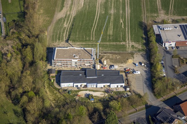 Aerial view, day care centre Hoppetosse construction site with new building, Südkirchen, Nordkirchen, Münsterland, North Rhine-Westphalia, Germany, construction work, construction area, construction site, building plots, construction project, construction site, DE, Europe, kindergarten, day care facility, day care centre, aerial photograph, aerial photography, aerial photography, overview, bird's-eye view, overview