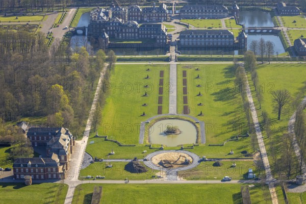 Aerial view, Nordkirchen Castle, baroque castle complex, moated castle, castle garden, Nordkirchen, Münsterland, North Rhine-Westphalia, Germany, baroque residence, construction work, construction area, building site, building plots, construction project, construction site, DE, monument protection, Europe, aerial view, aerial photography, aerial photography, castle, overview, Venus Island, Versailles style, bird's eye view, moated castle, bird's eye view, overview