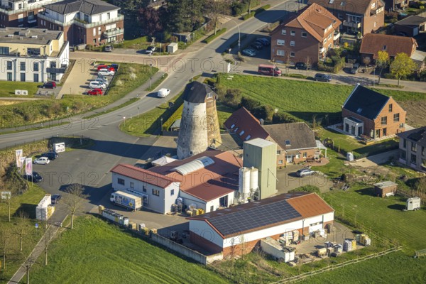 Aerial view, windmill with mill tower, mountain road, Nordkirchen, Münsterland, North Rhine-Westphalia, Germany, DE, Europe, aerial view, aerial photography, aerial photography, overview, bird's eye view, birds-eyes view, overview