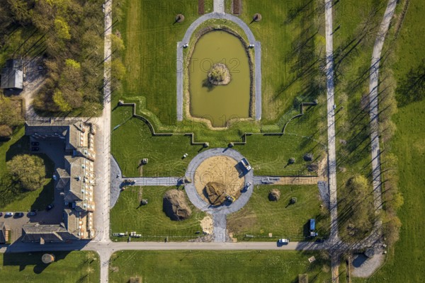Aerial view, Nordkirchen Castle, baroque castle complex, moated castle, construction site, Nordkirchen, Münsterland, North Rhine-Westphalia, Germany, baroque residence, construction work, construction area, building site, building plots, construction project, DE, monument protection, Europe, aerial view, aerial photography, aerial photography, castle, overview, Venus Island, Versailles style, bird's eye view, moated castle, bird's eye view, overview