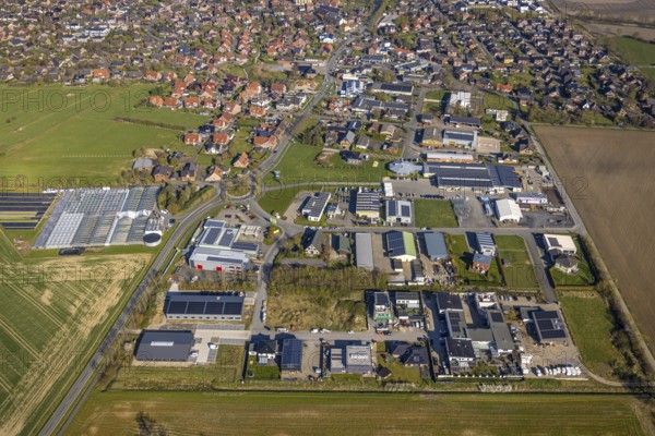 Aerial view, commercial area Wilhelm-Raiffeisen-Straße, Südkirchen, Nordkirchen, Münsterland, North Rhine-Westphalia, Germany, DE, Europe, commercial enterprises, commercial area, commercial area, commercial property, commercial site, commercial use, industrial area, industrial site, aerial photograph, aerial photography, aerial photography, overview, bird's-eye view, overview