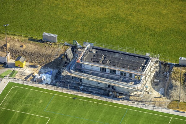 Aerial view, construction site, new sports home at the football stadium of SC 1971 Capelle, Capelle, Nordkirchen, Münsterland, North Rhine-Westphalia, Germany, construction work, construction area, building site, building plots, construction project, construction site, DE, Europe, football pitch, football stadium, aerial view, aerial photography, aerial photography, sports, sports facilities, sports field, sports facility, stadium, overview, bird's eye view, bird's eye view, overview