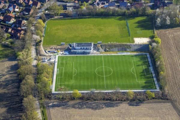 Aerial view, construction site football stadium of SC 1971 Capelle with new sports home, Capelle, Nordkirchen, Münsterland, North Rhine-Westphalia, Germany, construction work, construction area, building site, building plots, construction project, construction site, DE, Europe, football pitch, football stadium, aerial view, aerial photography, aerial photography, sports, sports facilities, sports field, sports facility, stadium, overview, bird's eye view, bird's eye view, overview