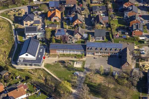 Aerial view, Capelle primary school with solar roof, Capelle, Nordkirchen, Münsterland, North Rhine-Westphalia, Germany, education, educational institution, DE, Europe, photovoltaic, educational institute, aerial view, aerial photography, aerial photography, photovoltaic system, school, solar, solar system, solar roof, solar energy, solar panel, solar power system, overview, bird's-eye view, bird's-eye view, overview