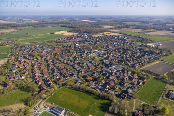 Aerial view, residential area, view of Capelle, meadows and fields with distant view, Capelle, Nordkirchen, Münsterland, North Rhine-Westphalia, Germany, DE, Europe, aerial view, aerial photography, aerial photography, overview, bird's-eye view, overview