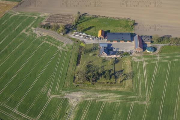 Aerial view, farm and meadow on Bahnhofstrasse, Befang, Capelle, Nordkirchen, Münsterland, North Rhine-Westphalia, Germany, DE, Europe, aerial view, aerial photography, aerial photography, overview, bird's-eye view, overview