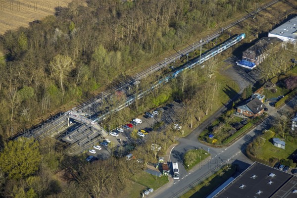 Aerial view, Capelle (Westf) station and suburban railway, forested railway line, Capelle, Nordkirchen, Münsterland, North Rhine-Westphalia, Germany, railway area, station, platform, DE, Deutsche Bahn AG, Europe, track system, tracks, aerial view, aerial photography, aerial photography, road bridge, overview, bird's-eye view, overview