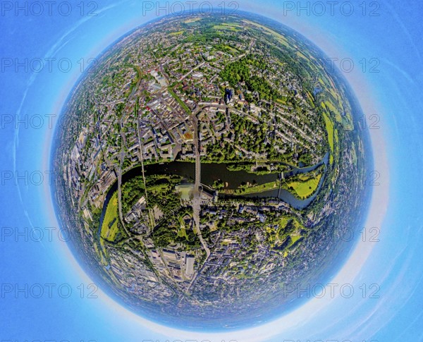 Aerial view, city centre view, Ruhr river and Ruhr island, castle bridge, globe, fisheye image, 360 degree image, tiny world, little planet, fisheye image, Altstadt I, Mülheim an der Ruhr, Ruhr area, North Rhine-Westphalia, Germany, bridge, DE, Europe, fisheye lens, fisheye lens, aerial view, aerial photography, aerial photography, Mülheim, super wide angle lens, overview, bird's eye view, birds-eyes view, fisheye lens, insta360 camera, overview