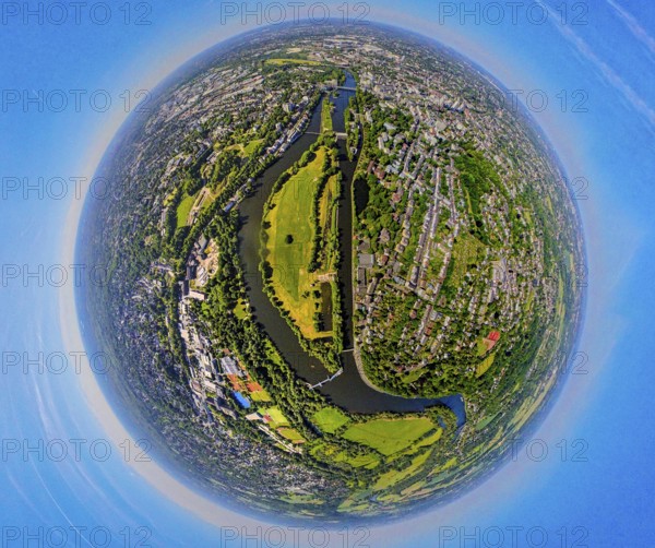 Aerial view, Mülheim centre with Ruhr island, river Ruhr and lock canal, globe, fisheye image, 360 degree image, tiny world, little planet, fisheye image, old town I - southwest, Mülheim an der Ruhr, Ruhr area, North Rhine-Westphalia, Germany, DE, Europe, fisheye lens, fisheye lens, aerial photography, aerial photography, aerial photography, Mülheim, super wide angle lens, overview, bird's eye view, birds-eyes view, fisheye lens, insta360 camera, overview