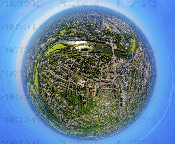 Aerial view, Mülheim centre with Ruhr island, river Ruhr and lock canal, castle bridge, globe, fisheye image, 360 degree image, tiny world, little planet, fisheye image, old town I - southwest, Mülheim an der Ruhr, Ruhr area, North Rhine-Westphalia, Germany, DE, Europe, fisheye lens, fisheye lens, aerial view, aerial photography, aerial photography, Mülheim, super wide angle lens, overview, bird's eye view, birds-eyes view, fisheye lens, insta360 camera, overview