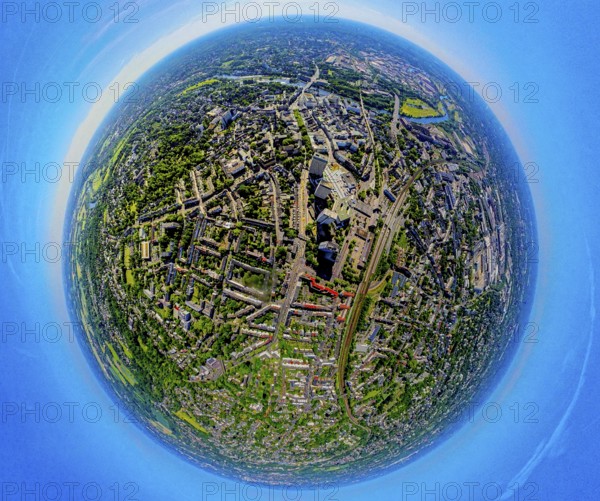 Aerial view, central station Hbf, Mülheim Mitte and skyscrapers Forum City, Hans-Böckler-Platz, globe, fisheye image, 360 degree image, tiny world, little planet, fisheye image, Altstadt I - Südost, Mülheim an der Ruhr, Ruhr area, North Rhine-Westphalia, Germany, railway area, railway station, DE, Deutsche Bahn AG, Europe, fisheye lens, fisheye lens, central station, main station, aerial view, aerial photography, aerial photography, Mülheim, super wide angle lens, overview, bird's eye view, birds-eyes view, fisheye lens, insta360 camera, overview