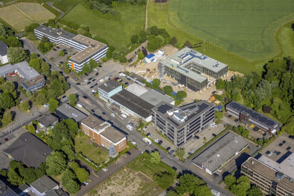 Aerial view, construction site with new building, industrial estate Solinger Straße, Saarn, Mülheim an der Ruhr, Ruhr area, North Rhine-Westphalia, Germany, construction work, construction area, construction site, building plots, construction project, construction site, DE, Europe, aerial view, aerial photography, aerial photography, overview, bird's-eye view, overview