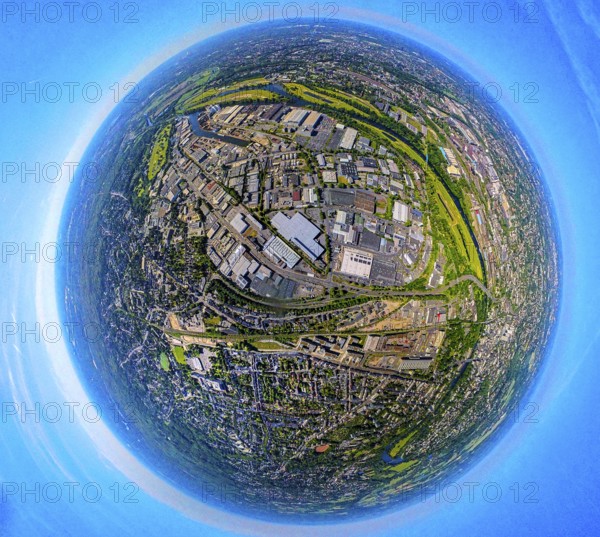 Aerial view, industrial area Weseler Straße and Rhine-Ruhr harbour Mülheim, globe, fisheye image, 360 degree image, tiny world, little planet, fisheye image, Speldorf, Mülheim an der Ruhr, Ruhr area, North Rhine-Westphalia, Germany, inland port, DE, Europe, fisheye lens, fisheye lens, commercial enterprises, commercial area, commercial area, commercial property, commercial park, commercial location, commercial use, harbour, harbour area, harbour overview, industrial area, industrial location, aerial view, aerial photography, aerial photography, Mülheim, super wide angle lens, overview, bird's eye view, birds-eyes view, fisheye lens, insta360 camera, overview