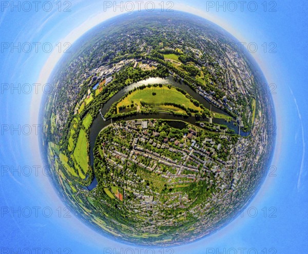 Aerial view, Mülheim centre with Ruhr island, river Ruhr and lock canal, globe, fisheye image, 360 degree image, tiny world, little planet, fisheye image, old town I - southwest, Mülheim an der Ruhr, Ruhr area, North Rhine-Westphalia, Germany, DE, Europe, fisheye lens, fisheye lens, aerial photography, aerial photography, aerial photography, Mülheim, super wide angle lens, overview, bird's eye view, birds-eyes view, fisheye lens, insta360 camera, overview