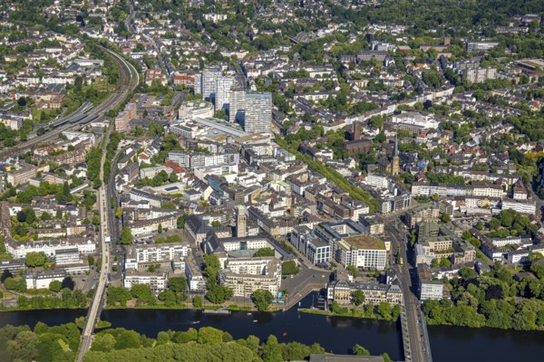 Aerial view, river Ruhr and castle bridge, city centre with Dickswall skyscrapers, Forum City, Hans-Böckler-Platz, area around the main post office, historic town hall with town hall tower, Ruhrradschnellweg RS1, distant view, Altstadt I, Mülheim an der Ruhr, Ruhr area, North Rhine-Westphalia, Germany, old town, old town view, old town area, city, DE, Europe, city centre view, aerial view, aerial photography, aerial photography, townscape, city centre, city centre, overview, bird's-eye view, birds-eyes view, historic city centre, overview