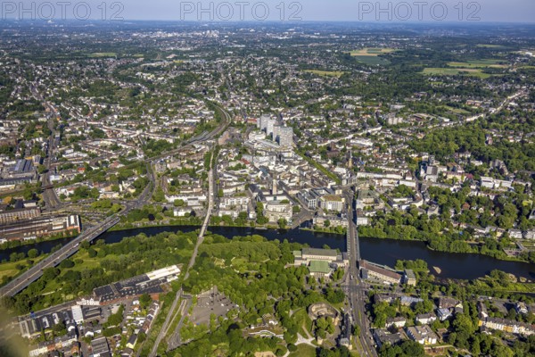Aerial view, river Ruhr and castle bridge, city centre with Dickswall skyscrapers, Forum City, Hans-Böckler-Platz, area around the main post office, historic town hall with town hall tower, Ruhrradschnellweg RS1, distant view, Altstadt I, Mülheim an der Ruhr, Ruhr area, North Rhine-Westphalia, Germany, old town, old town view, old town area, city, DE, Europe, city centre view, aerial view, aerial photography, aerial photography, townscape, city centre, city centre, overview, bird's-eye view, birds-eyes view, historic city centre, overview