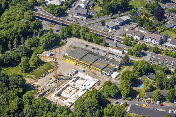 Aerial view, Friedrich-Wennmann-Bad, construction site and renovation, swimming pool renovation, Heißen - Mitte, Mülheim an der Ruhr, Ruhr area, North Rhine-Westphalia, Germany, bathing establishment, bathing resort, construction work, construction area, building site, building plots, construction measure, construction project, construction site, DE, Europe, outdoor pool, leisure activities, indoor pool, aerial view, aerial photography, aerial photography, swimming pool, swimming pool, overview, bird's eye view, birds-eyes view, overview