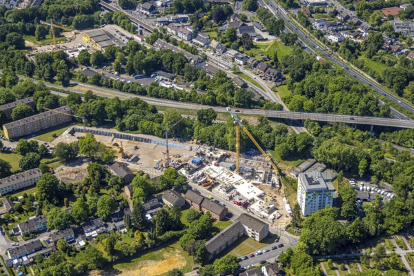 Aerial view, construction site with new building mammoth project for the development of the Eichbaum housing estate between A40 feeder road and Filchnerstraße, Heißen - Süd, Mülheim an der Ruhr, Ruhr area, North Rhine-Westphalia, Germany, construction work, construction area, construction site, building plots, construction measure, construction project, construction site, DE, Europe, large construction site, aerial view, aerial photography, aerial photography, new building, overview, bird's-eye view, overview