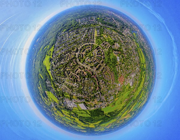 Aerial view, Saarner Kuppe, circular housing estate with Luxemburger Allee, globe, fisheye image, 360 degree image, tiny world, little planet, fisheye image, Saarn, Mülheim an der Ruhr, Ruhr area, North Rhine-Westphalia, Germany, DE, Europe, fisheye lens, fisheye lens, property tax, real estate, aerial photography, aerial photography, aerial photography, Mülheim, super wide angle lens, overview, bird's eye view, housing estate, housing and living, residential area, quality of living, residential neighbourhood, housing estate, residential area, birds-eyes view, fisheye lens, insta360 camera, overview
