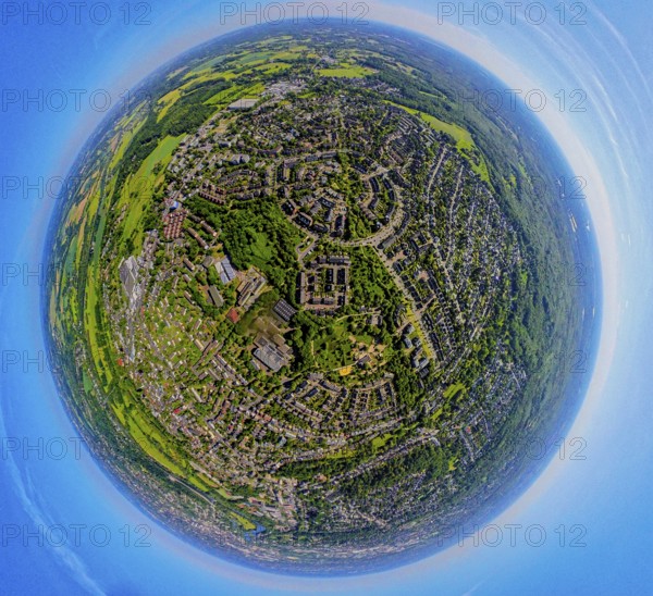 Aerial view, Saarner Kuppe, circular housing estate with Luxemburger Allee, globe, fisheye image, 360 degree image, tiny world, little planet, fisheye image, Saarn, Mülheim an der Ruhr, Ruhr area, North Rhine-Westphalia, Germany, DE, Europe, fisheye lens, fisheye lens, property tax, real estate, aerial photography, aerial photography, aerial photography, Mülheim, super wide angle lens, overview, bird's eye view, housing estate, housing and living, residential area, quality of living, residential neighbourhood, housing estate, residential area, birds-eyes view, fisheye lens, insta360 camera, overview