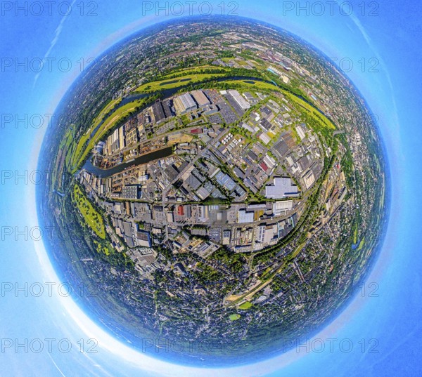Aerial view, industrial area Weseler Straße and Rhine-Ruhr harbour Mülheim, globe, fisheye image, 360 degree image, tiny world, little planet, fisheye image, Speldorf, Mülheim an der Ruhr, Ruhr area, North Rhine-Westphalia, Germany, inland port, DE, Europe, fisheye lens, fisheye lens, commercial enterprises, commercial area, commercial area, commercial property, commercial park, commercial location, commercial use, harbour, harbour area, harbour overview, industrial area, industrial location, aerial view, aerial photography, aerial photography, Mülheim, super wide angle lens, overview, bird's eye view, birds-eyes view, fisheye lens, insta360 camera, overview