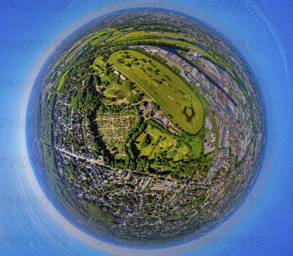 Aerial view, racecourse with golf course Golfclub Mülheim an der Ruhr Raffelberg, south harbour, globe, fisheye image, 360 degree image, tiny world, little planet, fisheye image, Speldorf - Northwest, Mülheim an der Ruhr, Ruhr area, North Rhine-Westphalia, Germany, DE, Europe, fisheye lens, fisheye lens, golf, golf course, golf meadow, aerial photography, aerial photography, aerial photography, Mülheim, racecourse, equestrian sports, sports, super wide angle lens, overview, bird's eye view, fisheye lens, insta360 camera, overview