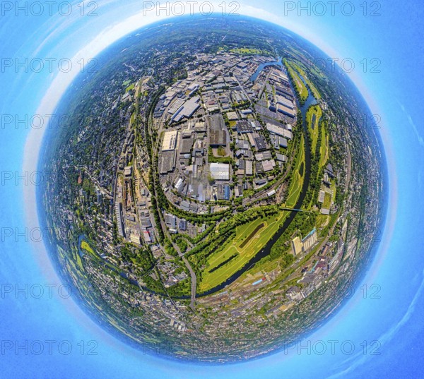 Aerial view, industrial area Weseler Straße and Rhine-Ruhr harbour Mülheim, globe, fisheye image, 360 degree image, tiny world, little planet, fisheye image, Speldorf, Mülheim an der Ruhr, Ruhr area, North Rhine-Westphalia, Germany, inland port, DE, Europe, fisheye lens, fisheye lens, commercial enterprises, commercial area, commercial area, commercial property, commercial park, commercial location, commercial use, harbour, harbour area, harbour overview, industrial area, industrial location, aerial view, aerial photography, aerial photography, Mülheim, super wide angle lens, overview, bird's eye view, birds-eyes view, fisheye lens, insta360 camera, overview