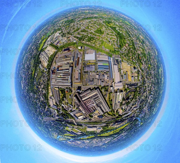 Aerial photograph, Salzgitter Mannesmann Röhrenwerke industrial estate, globe, fisheye image, fisheye image, 360 degree image, tiny world, little planet, fisheye image, Altstadt II, Mülheim an der Ruhr, Ruhr area, North Rhine-Westphalia, Germany, DE, Europe, fisheye lens, fisheye lens, commercial enterprises, commercial area, commercial area, commercial property, commercial park, commercial location, commercial use, industrial area, industrial location, aerial photography, aerial photography, aerial photography, Mülheim, super wide angle lens, overview, bird's eye view, birds-eyes view, fisheye lens, insta360 camera, overview
