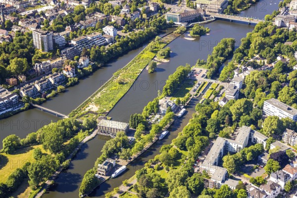 Aerial view, Ruhrinsel and Ruhrschleuse with water station gastronomy at the river Ruhr, Altstadt I - Südwest, Mülheim an der Ruhr, Ruhr Area, North Rhine-Westphalia, Germany, DE, Europe, island, aerial view, aerial photography, aerial photography, lock, overview, birds-eyes view, overview