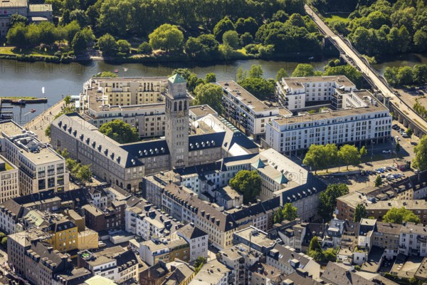 Aerial view, city centre with river Ruhr, historic town hall and Ruhr cycle highway RS1, Altstadt I, Mülheim an der Ruhr, Ruhr area, North Rhine-Westphalia, Germany, DE, Europe, aerial view, aerial photography, aerial photography, overview, bird's-eye view, overview