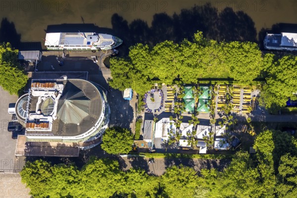 Aerial view, Restaurant Wasserbahnhof on the Schleuseninsel with landing stage Weiße Flotte, outdoor catering and parasols, Altstadt I - Südwest, Mülheim an der Ruhr, Ruhr area, North Rhine-Westphalia, Germany, DE, Europe, aerial view, aerial photography, aerial photography, overview, bird's-eye view, overview