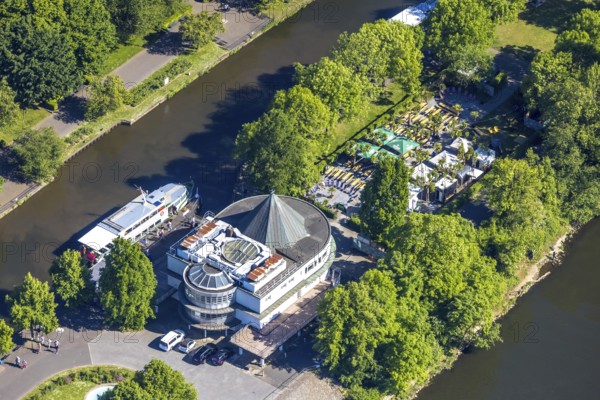 Aerial view, Restaurant Wasserbahnhof on the Schleuseninsel with landing stage Weiße Flotte, outdoor catering and parasols, Altstadt I - Südwest, Mülheim an der Ruhr, Ruhr area, North Rhine-Westphalia, Germany, DE, Europe, aerial view, aerial photography, aerial photography, overview, bird's-eye view, overview