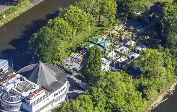 Aerial view, Restaurant Wasserbahnhof on the Schleuseninsel with landing stage Weiße Flotte, outdoor catering and parasols, Altstadt I - Südwest, Mülheim an der Ruhr, Ruhr area, North Rhine-Westphalia, Germany, DE, Europe, aerial view, aerial photography, aerial photography, overview, bird's-eye view, overview