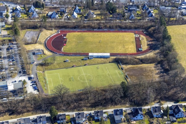 Aerial view, football stadium, sports facility, Meschede city, Meschede, Sauerland, North Rhine-Westphalia, Germany, DE, Europe, football pitch, football stadium, athletics stadium, aerial view, aerial photography, aerial photography, sports, sports facilities, sports field, sports facility, stadium, overview, bird's-eye view, overview