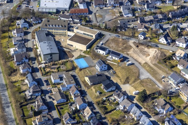 Aerial view, St. Walburga-Realschule, An Klocken Kapelle, building area and residential area, Meschede-Stadt, Meschede, Sauerland, North Rhine-Westphalia, Germany, DE, Europe, property tax, real estate, aerial view, aerial photography, aerial photography, overview, bird's eye view, residential area, living and living, residential area, residential quality, residential neighbourhood, housing estate, residential area, birds-eyes view, overview