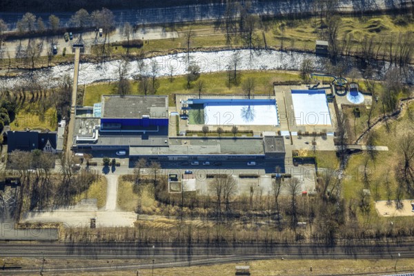 Aerial view, outdoor and indoor swimming pool, tree reflected in the pool, Meschede town, Meschede, Sauerland, North Rhine-Westphalia, Germany, bathing establishment, bathing resort, DE, Europe, outdoor swimming pool, leisure activities, aerial view, aerial photography, aerial photography, swimming pool, swimming pool, overview, bird's eye view, overview