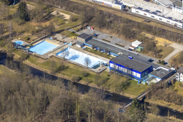Aerial view, outdoor and indoor swimming pool, tree reflected in the pool, Meschede town, Meschede, Sauerland, North Rhine-Westphalia, Germany, bathing establishment, bathing resort, DE, Europe, outdoor swimming pool, leisure activities, aerial view, aerial photography, aerial photography, swimming pool, swimming pool, overview, bird's eye view, overview