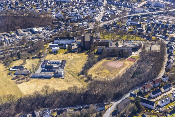 Aerial view, Abbey Königsmünster monastery with Benedictine grammar school, Meschede town, Meschede, Sauerland, North Rhine-Westphalia, Germany, education, educational institution, DE, Europe, grammar school, monastery, educational institute, aerial view, aerial photography, aerial photography, school, overview, bird's-eye view, overview
