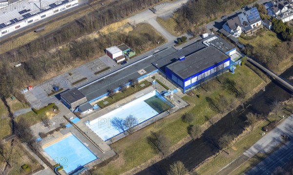 Aerial view, outdoor and indoor swimming pool, tree reflected in the pool, Meschede town, Meschede, Sauerland, North Rhine-Westphalia, Germany, bathing establishment, bathing resort, DE, Europe, outdoor swimming pool, leisure activities, aerial view, aerial photography, aerial photography, swimming pool, swimming pool, overview, bird's eye view, overview