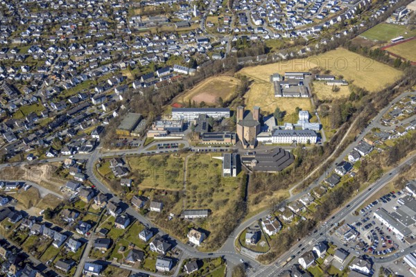 Aerial view, Abbey Königsmünster monastery with Benedictine grammar school, Meschede town, Meschede, Sauerland, North Rhine-Westphalia, Germany, education, educational institution, DE, Europe, grammar school, monastery, educational institute, aerial view, aerial photography, aerial photography, school, overview, bird's-eye view, overview
