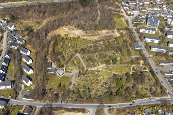 Aerial view, Nordfriedhof cemetery burial ground, Meschede town, Meschede, Sauerland, North Rhine-Westphalia, Germany, burial ground, DE, Europe, cemetery, memorial, Gottesacker, graves, burial ground, aerial photograph, aerial photography, aerial photography, resting place, overview, bird's-eye view, overview