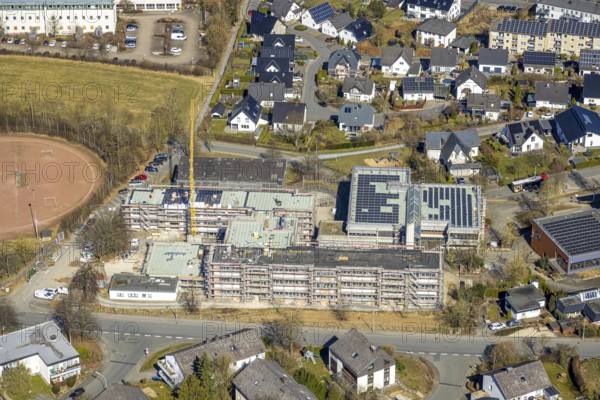 Aerial view, construction site with new building of the secondary school of the city of Meschede, Meschede city, Meschede, Sauerland, North Rhine-Westphalia, Germany, construction work, construction area, construction site, building plots, construction measure, construction project, construction site, education, educational institution, DE, Europe, educational institute, aerial view, aerial photography, aerial photography, new building, secondary school, school, overview, bird's eye view, bird's eye view, overview